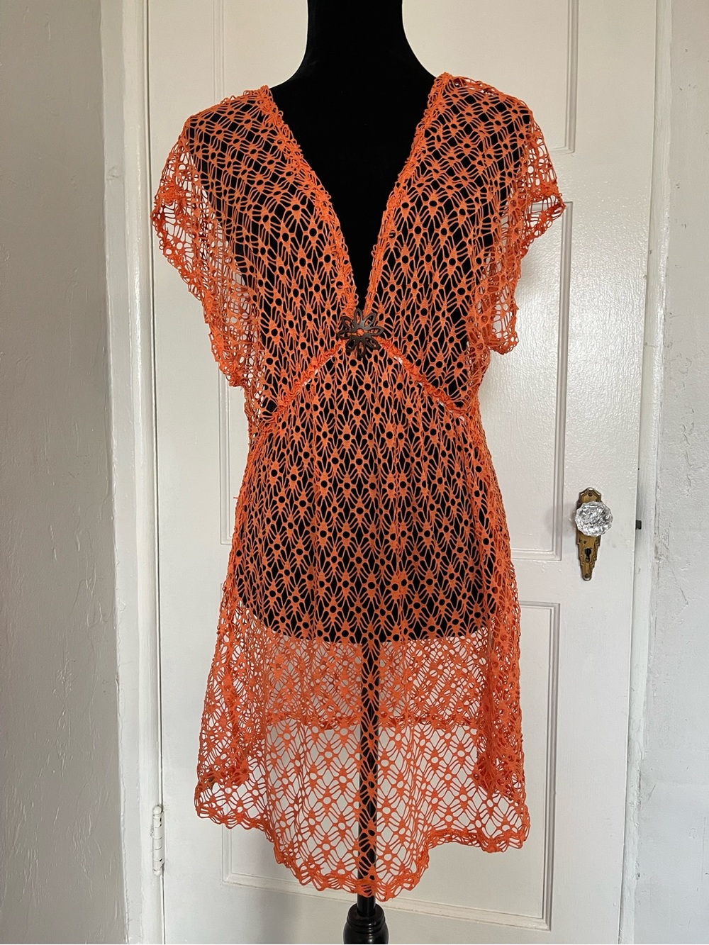 Orange mesh bathing suit cover up dress